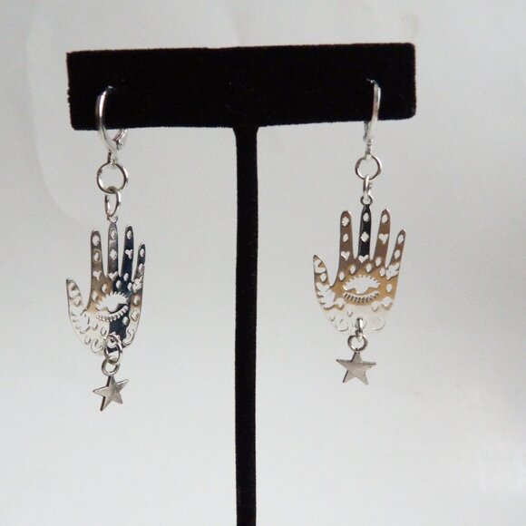 Hand of Fate Evil Eye Protection Dangle Earrings Silver Tone Hamsa Style NEW - Picture 6 of 7